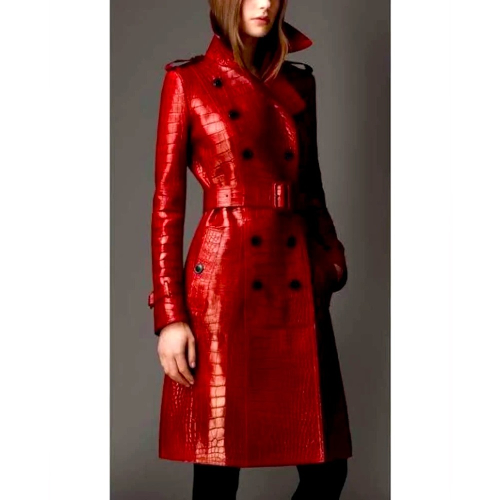 Gorgeous RED CROC Leather Double-Breasted Trench Coat s/m